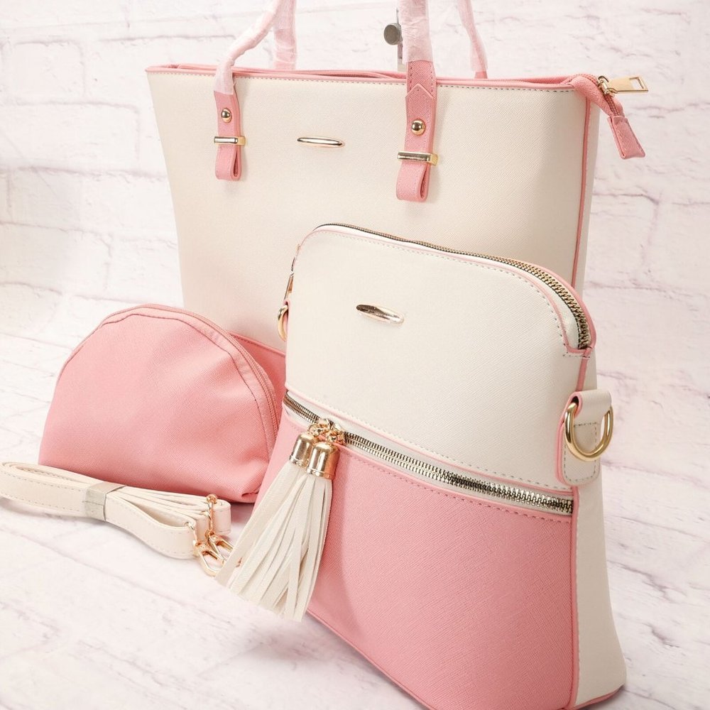 Women's Shoulder Tote Crossbody Bag & Pouch 3 Piece Set Medium Pink/Cream